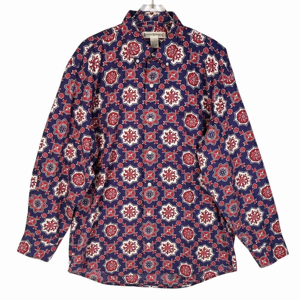 Banana Republic Large Vintage Shirt 80s Mod Boho Floral Op Art Safari Excellent
